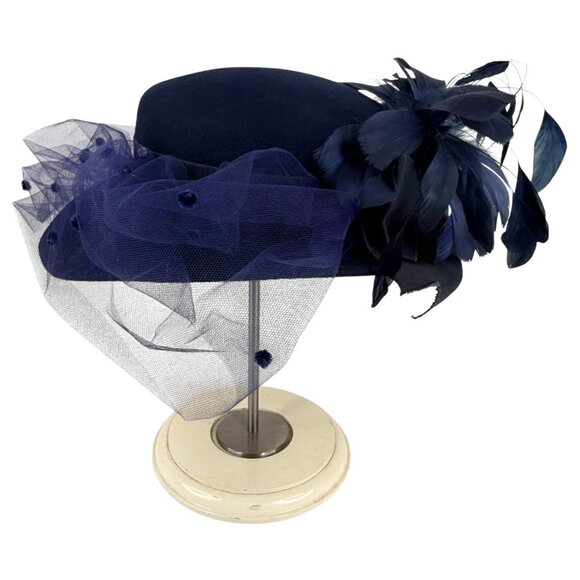 Vintage Womans Michael Howard Georgi Hat Wool Wide Brim Feather Veil Blue Church - Picture 5 of 10